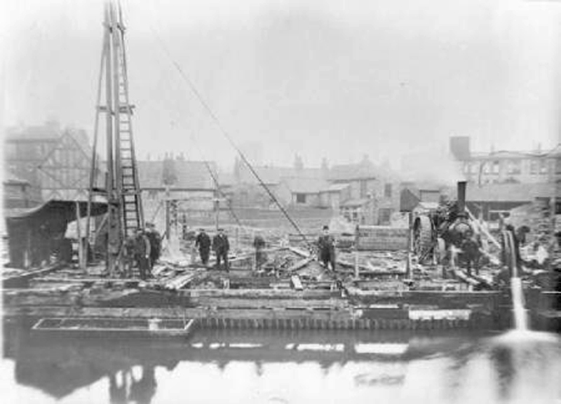 Historic construction work beside the River Foss in York